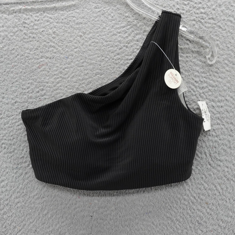 CALIA Womens XS Minimal One Shoulder Bikini Top Black Ribbed Medium Support NEW